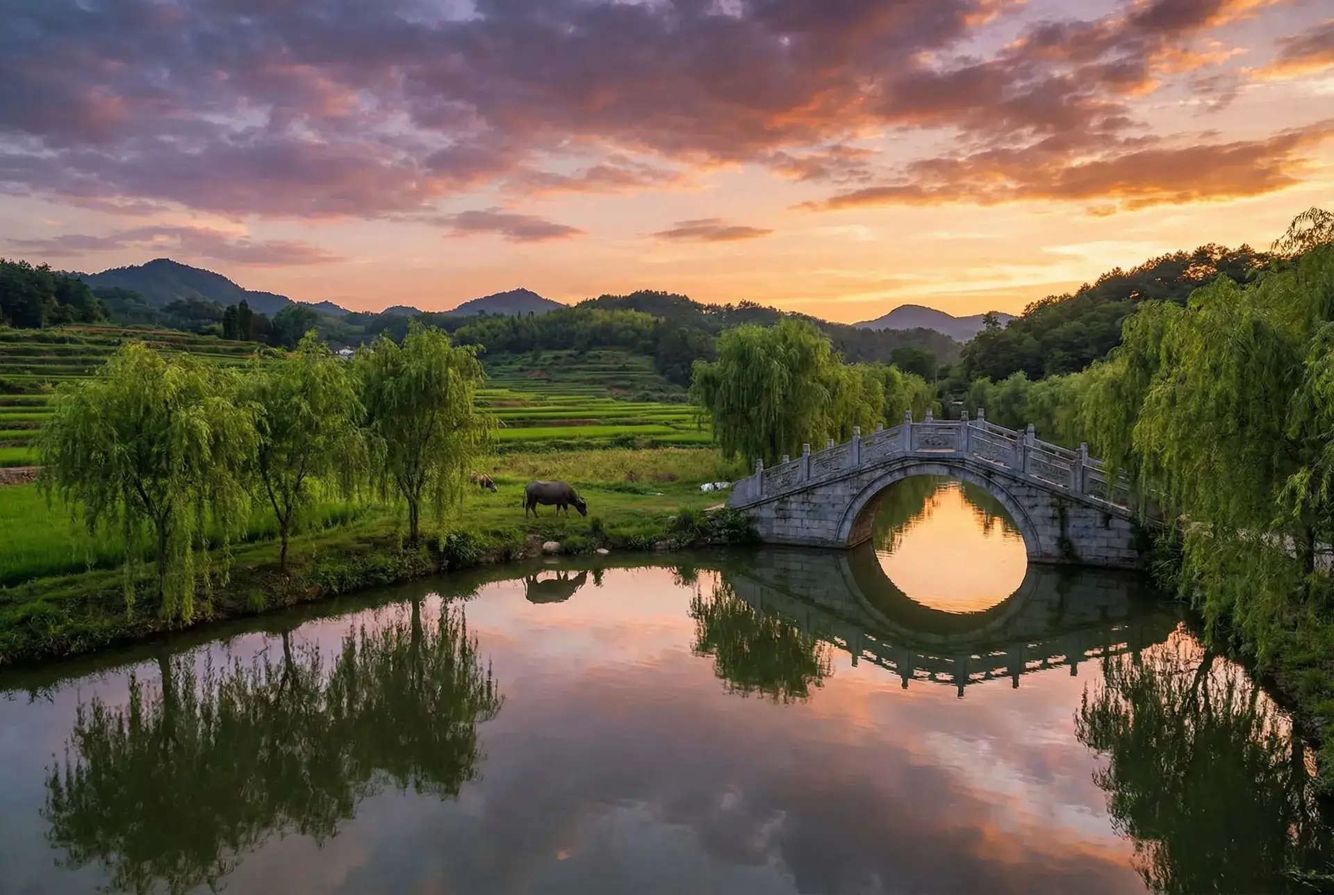 夕阳下的石拱桥与垂柳，水牛在河边吃草 - 阿旺新传全集 乡村美景